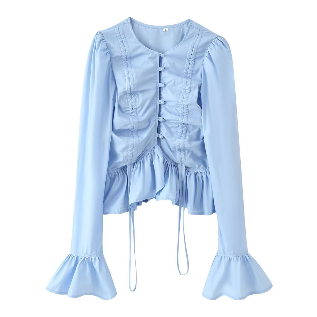 Damen Rüschenbluse mit Kordelzug, Volant-Saum und Glockenärmeln Nord Taschen