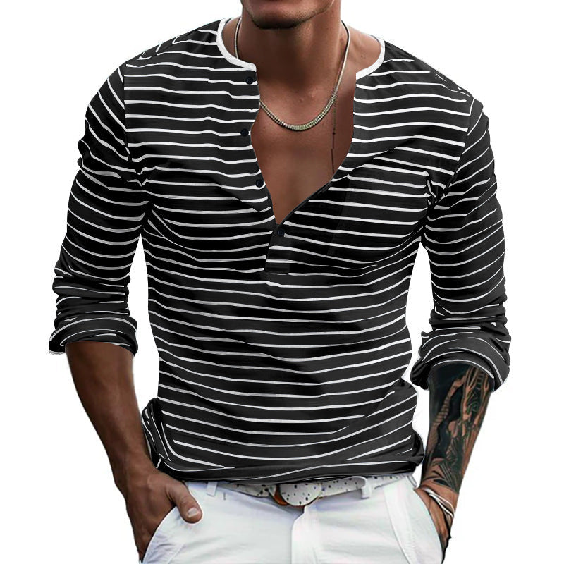 Herren Langarm-Henley-Shirt mit modischen Streifen und praktischen Knöpfen