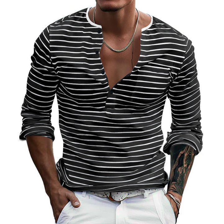 Herren Langarm-Henley-Shirt mit modischen Streifen und praktischen Knöpfen