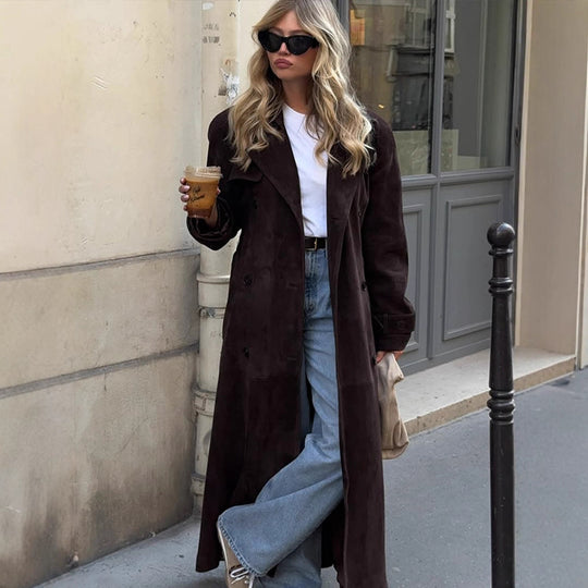 Damen Langer Velours-Trenchcoat mit Bindegürtel und Reverskragen Nord Taschen