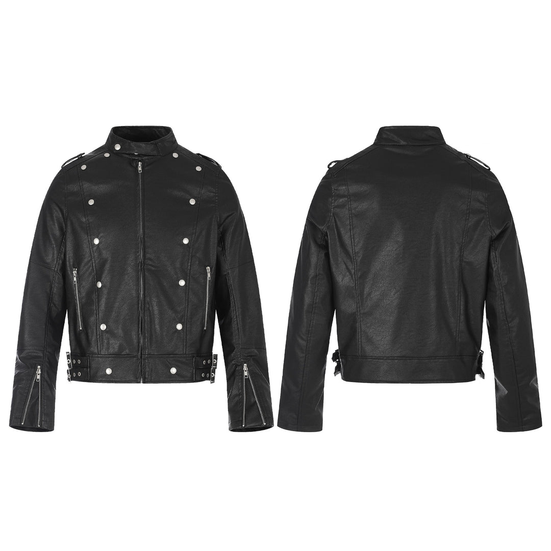 Herren Biker‑Lederjacke im Military‑Style mit Nieten, Stehkragen und Taillengürtel Nord Taschen
