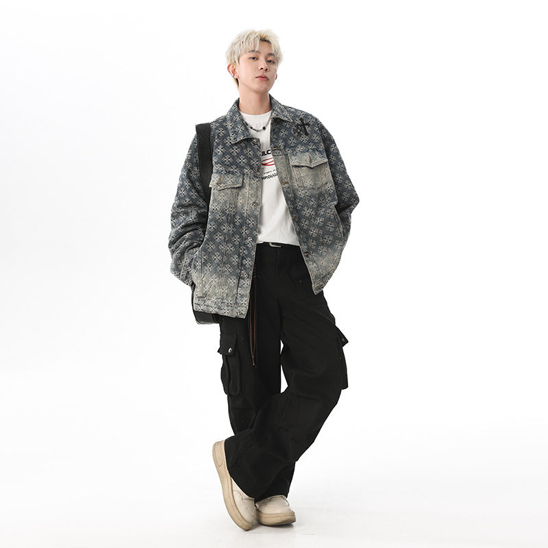 Herren Oversized Denim‑Hemdjacke mit grafischem Patchmuster und Brusttaschen Nord Taschen
