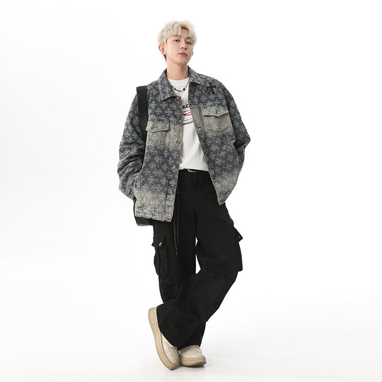 Herren Oversized Denim‑Hemdjacke mit grafischem Patchmuster und Brusttaschen Nord Taschen