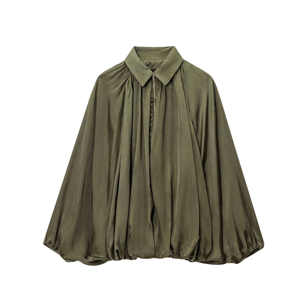 Damen Weite plissierte Hemdblusen-Jacke mit Hemdkragen, Reißverschluss und ballonförmigem Saum Nord Taschen