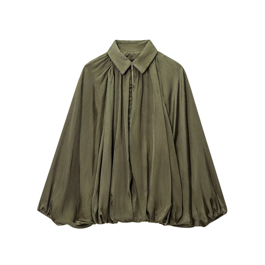 Damen Weite plissierte Hemdblusen-Jacke mit Hemdkragen, Reißverschluss und ballonförmigem Saum Nord Taschen