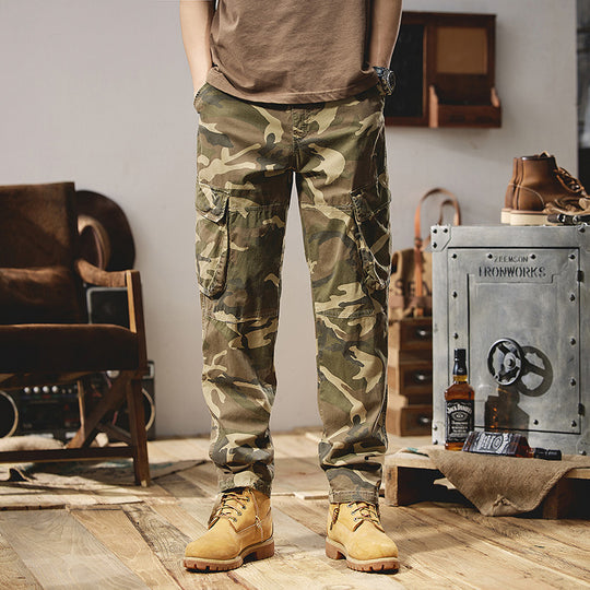 Herren Camouflage-Utility-Cargohose mit Mehrfachklappentaschen, Kniepaneelen und Kordelabschluss Nord Taschen