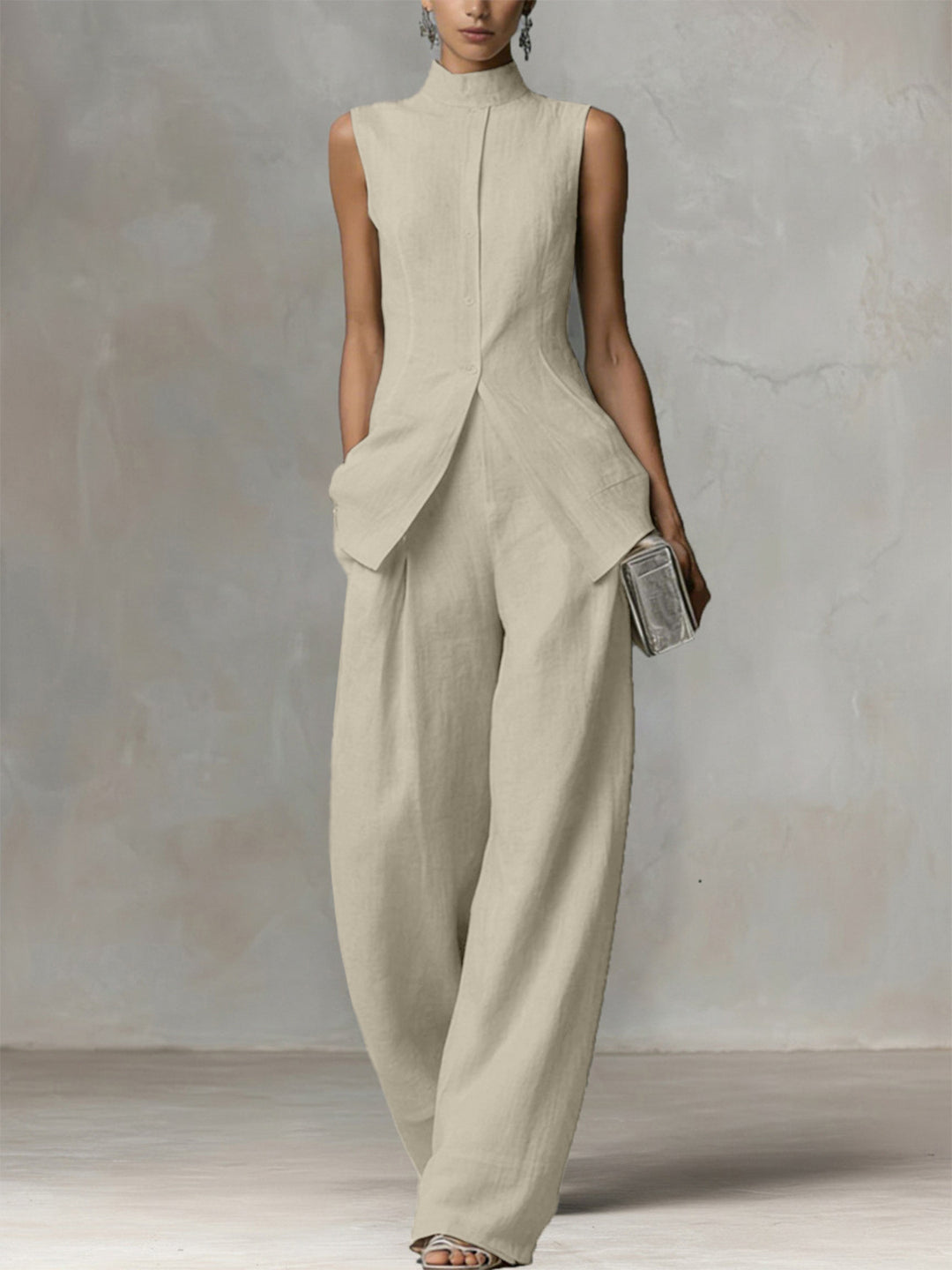 Damen Ärmelloser Leinen-Jumpsuit mit Stehkragen und weitem Bein Nord Taschen