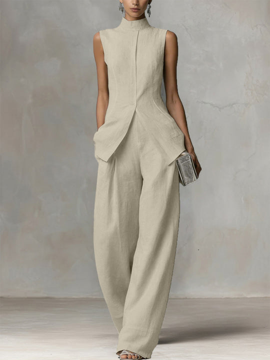 Damen Ärmelloser Leinen-Jumpsuit mit Stehkragen und weitem Bein Nord Taschen