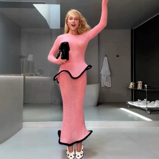 Damen Figurbetontes langes Rippstrick-Kleid mit asymmetrischem Ausschnitt, Volant‑Peplum und kontrastierender Kederkante Nord Taschen