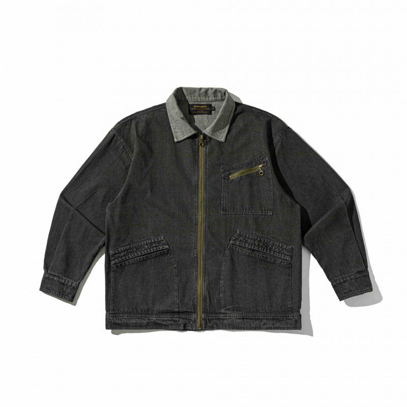 Unisex Kastenförmige Overshirt‑Jacke aus gewaschenem Denim mit Frontreißverschluss und Mehrfachtaschen Nord Taschen