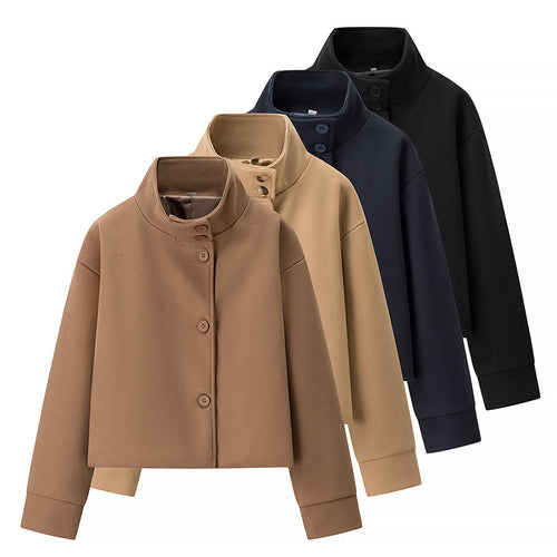 Damen 100+ kurz geschnittene Wollmix‑Boxyjacke mit Stehkragen und verdeckter Knopfleiste Nord Taschen