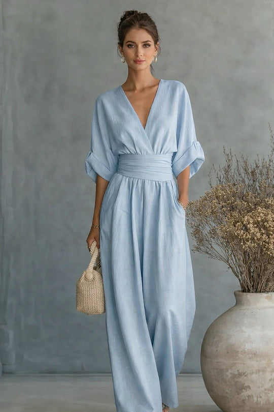 Damen Weit geschnittener Jumpsuit mit eleganten Drapierungen und V-Ausschnitt Nord Taschen