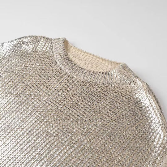 Damen Oversized Strickpullover mit Cut-Out-Schultern und Metallic-Glanz Nord Taschen