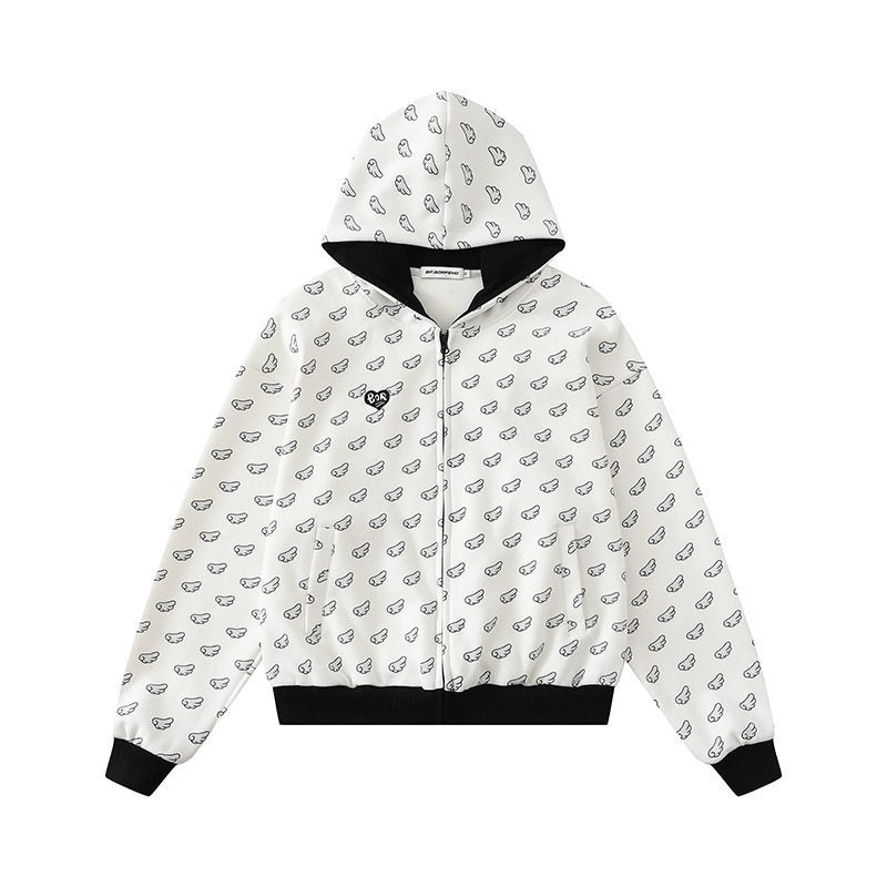 Damen Kapuzensweatjacke mit Allover‑Flügelmotiv, durchgehendem Reißverschluss und kontrastierenden Bündchen Nord Taschen