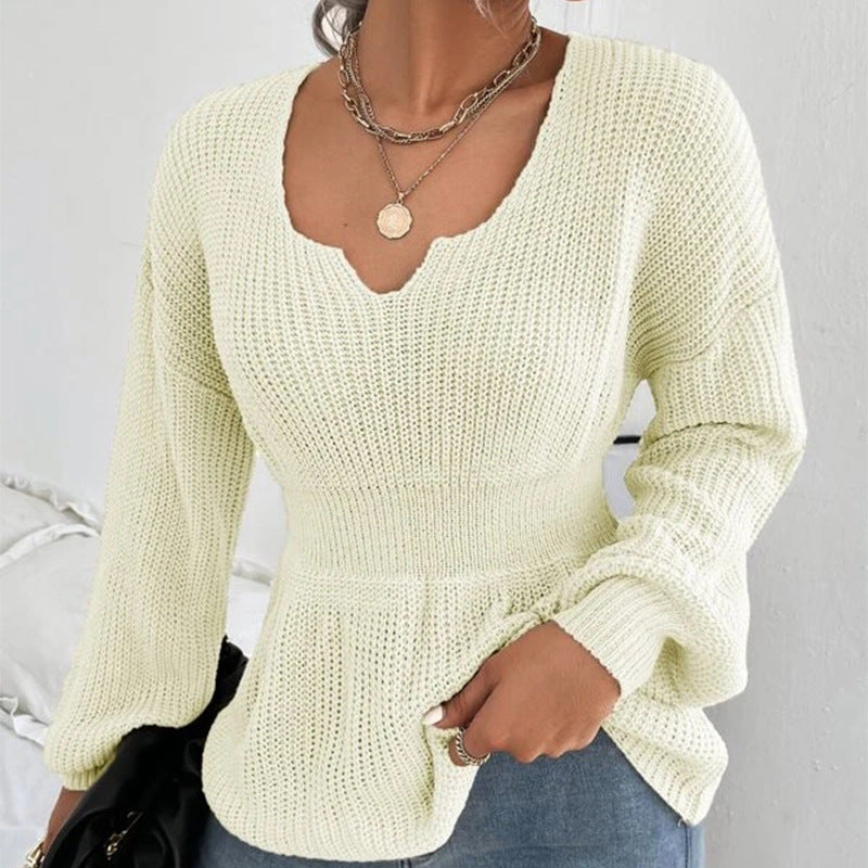 Damen Taillierter Feinstrickpullover mit eingekerbtem V-Ausschnitt, taillenbetonter Rippzone und Ballonärmeln Nord Taschen