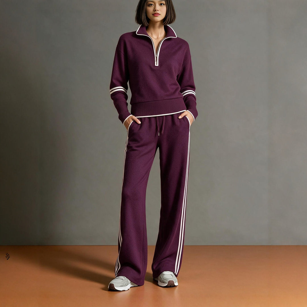 Damen Komfortables Strick-Jogging-Set mit Stehkragen, halbem Reißverschluss und Kontraststreifen Nord Taschen