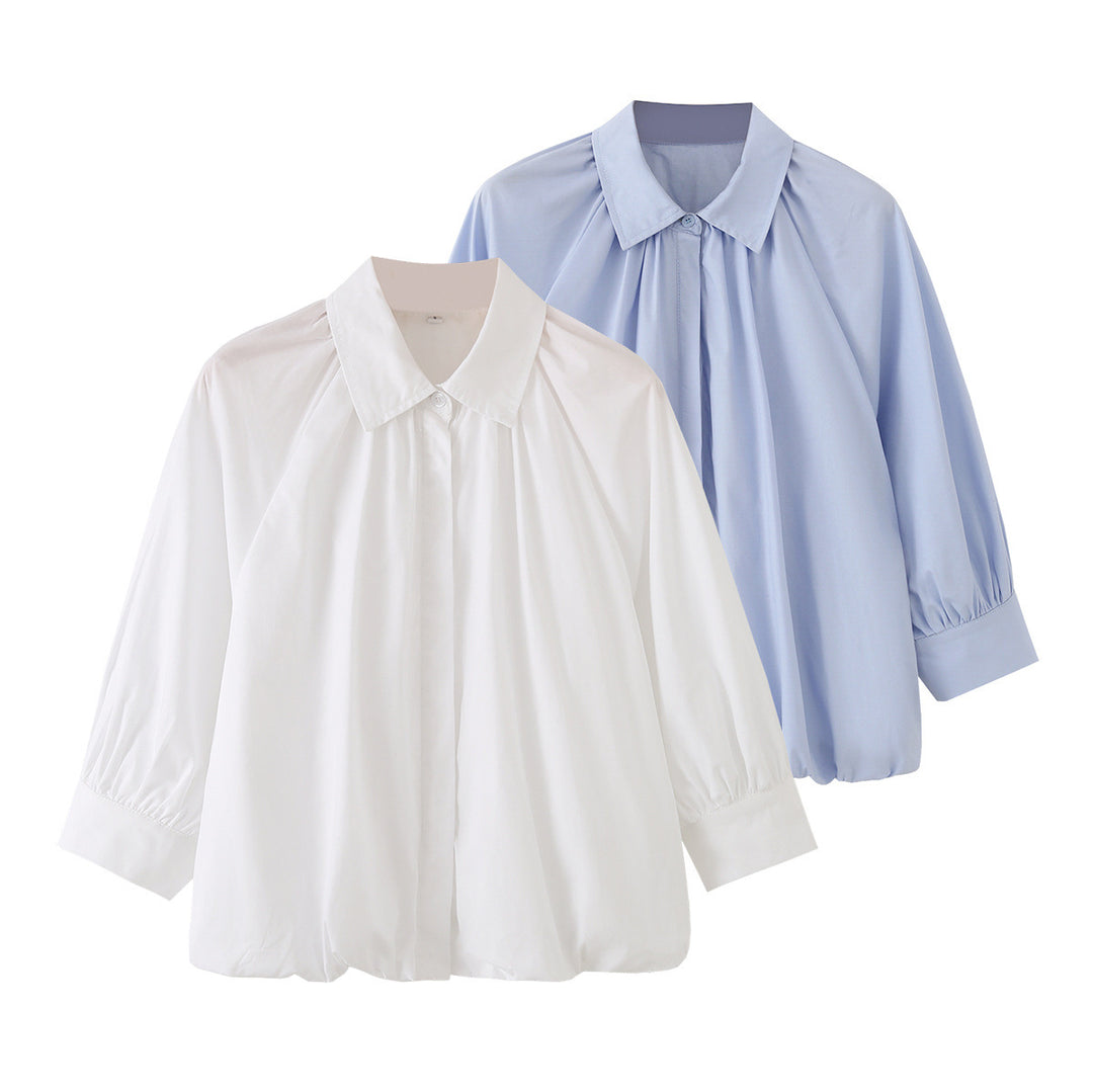 Damen Weites Blusenshirt mit Kellerfalten Ballonärmeln und Hemdkragen Nord Taschen