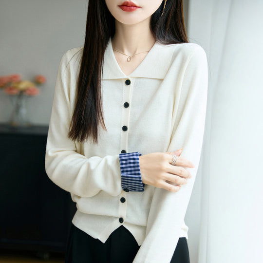 Damen Leichter Feinstrick-Cardigan mit breitem Hemdkragen und Frontknopfleiste Nord Taschen