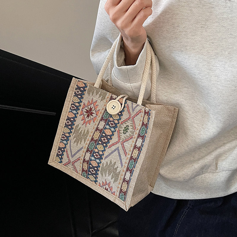 Damen Jute Tragetasche mit kunstvollem Ethnomuster Nord Taschen