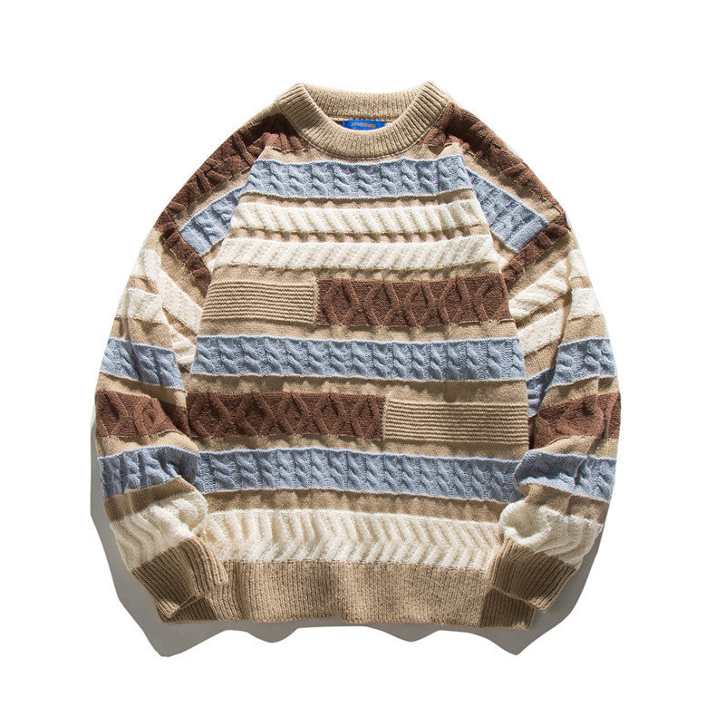 Unisex Oversize Strickpullover mit Patchwork‑Zopfmuster und Rundhalsausschnitt Nord Taschen