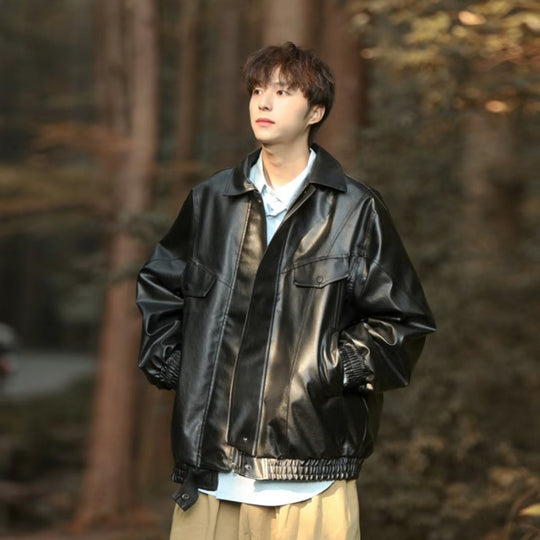 Herren Oversized Kunstleder Bomberjacke mit Pattentaschen Nord Taschen