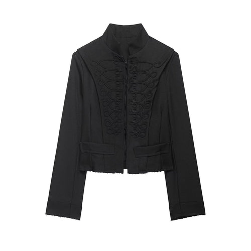 Damen Cropped‑Militärblazer mit Stehkragen, dekorativen Schlaufen und fransigem Saum Nord Taschen
