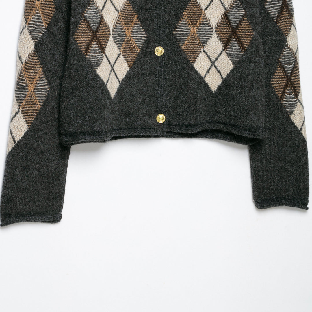 Damen Kurzgeschnittener Argyle-Cardigan im Retro-Strick mit goldenen Zierknöpfen Nord Taschen