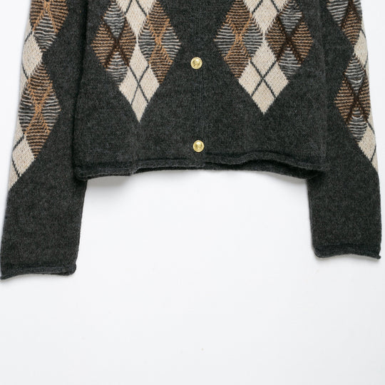 Damen Kurzgeschnittener Argyle-Cardigan im Retro-Strick mit goldenen Zierknöpfen Nord Taschen