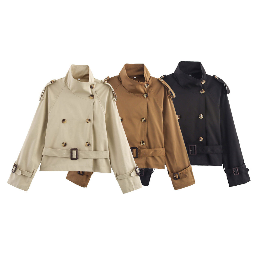 Damen Kurz-Trenchjacke mit Doppelreihe, Stehkragen, Schulterklappen und Taillengürtel Nord Taschen
