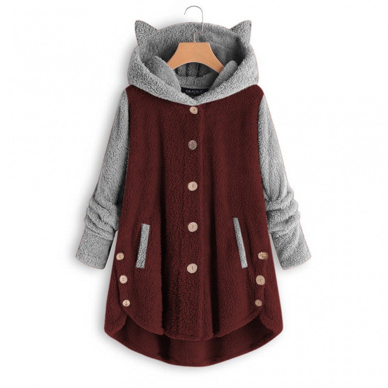 Damen Kuschelige Kapuzen‑Teddyjacke mit Katzenohren, Holzknopf‑Details und High‑Low‑Saum Nord Taschen