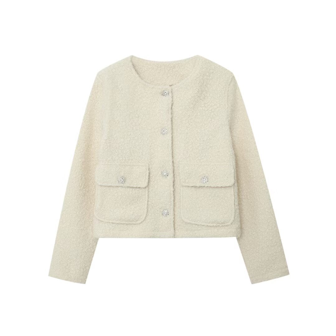 Damen Kurzjacke im Bouclé‑Tweed‑Look mit Rundhalsausschnitt und Kristall‑Zierknöpfen Nord Taschen