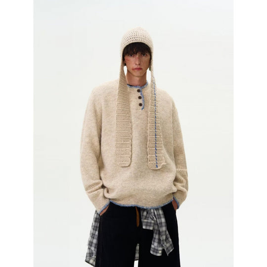 Herren Grobstrick-Henley-Pullover mit Bouclé-Optik und kontrastierten Bündchen Nord Taschen