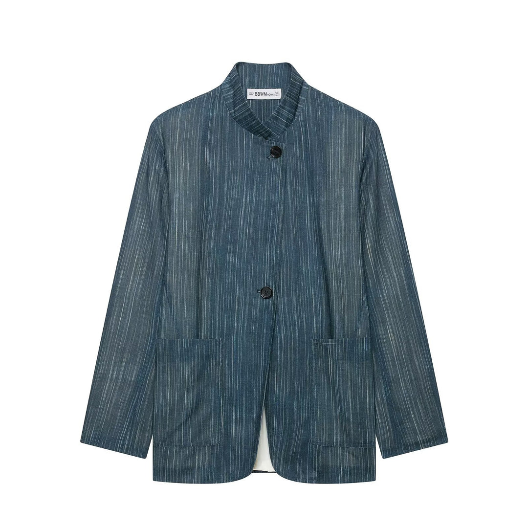 Damen Zweiteiliges Nadelstreifen-Set mit Stehkragen-Blazer und Highwaist-Palazzohose Nord Taschen
