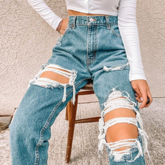 Damen Vintage High-Waist Destroyed Jeans mit fransigen Details