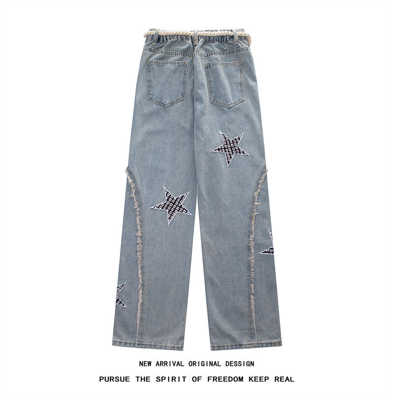 Damen Weite High‑Waist Denimhose mit Stern‑Applikationen, Fransen‑Seitenschlitzen und Kordelbund Nord Taschen