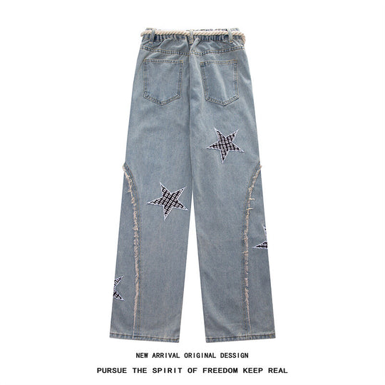 Damen Weite High‑Waist Denimhose mit Stern‑Applikationen, Fransen‑Seitenschlitzen und Kordelbund Nord Taschen