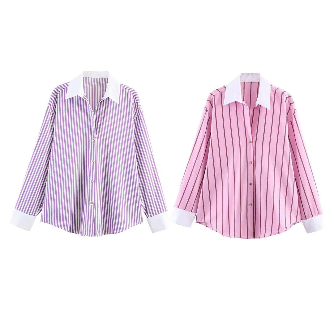 Damen Oversize-Hemdbluse mit Kontrastkragen, Manschetten und vertikalem Streifenmuster Nord Taschen