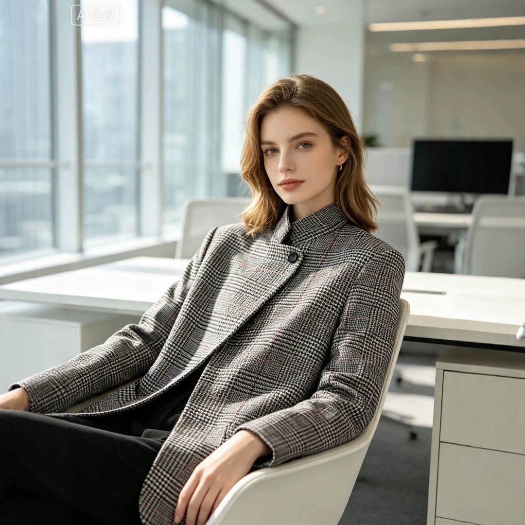 Damen Glencheck-Kurzblazer im Boxy-Schnitt mit Stehkragen und verdeckter Knopfleiste Nord Taschen