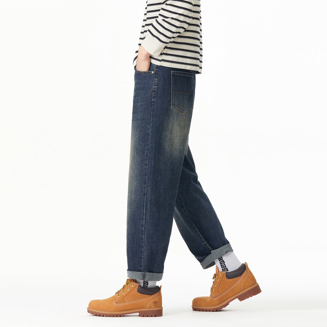 Herren Weite gerade geschnittene Denim-Jeans mit Used‑Wash und Umschlagbund Nord Taschen