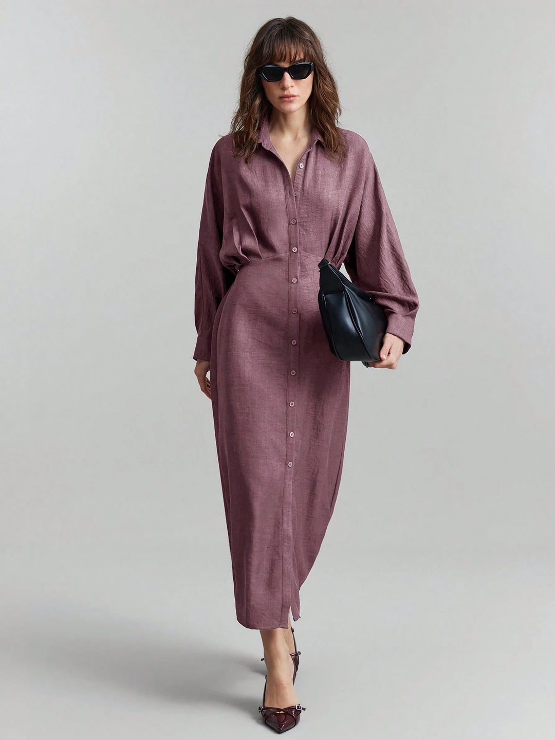 Damen Leinen-Maxikleid mit Hemdkragen, durchgehender Knopfleiste und Fledermausärmeln Nord Taschen