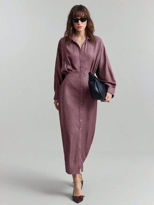 Damen Leinen-Maxikleid mit Hemdkragen, durchgehender Knopfleiste und Fledermausärmeln Nord Taschen