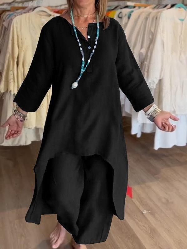 Damen Midilanges Leinen-Tunika-Set mit asymmetrischem Saum und weiter Palazzo-Hose Nord Taschen