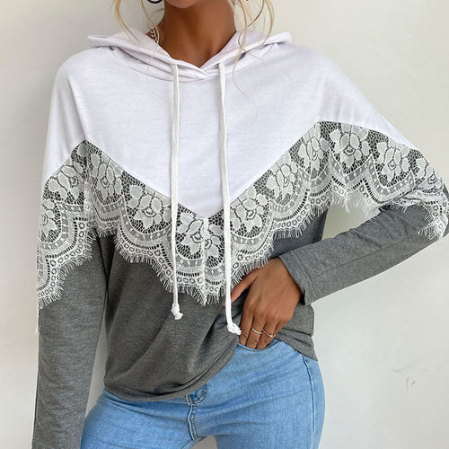Damen Kapuzenpullover mit Spitzenbesatz und V‑Einsatz Nord Taschen