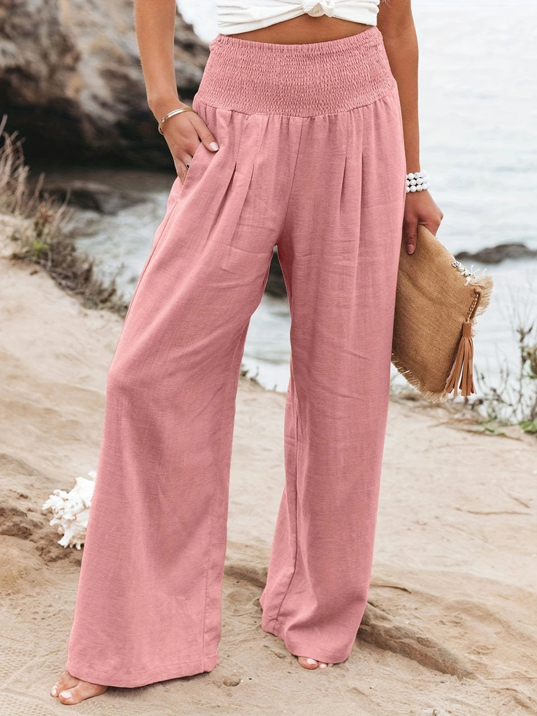 Damen Weite Leinenhose mit Smokbund und Eingrifftaschen Nord Taschen
