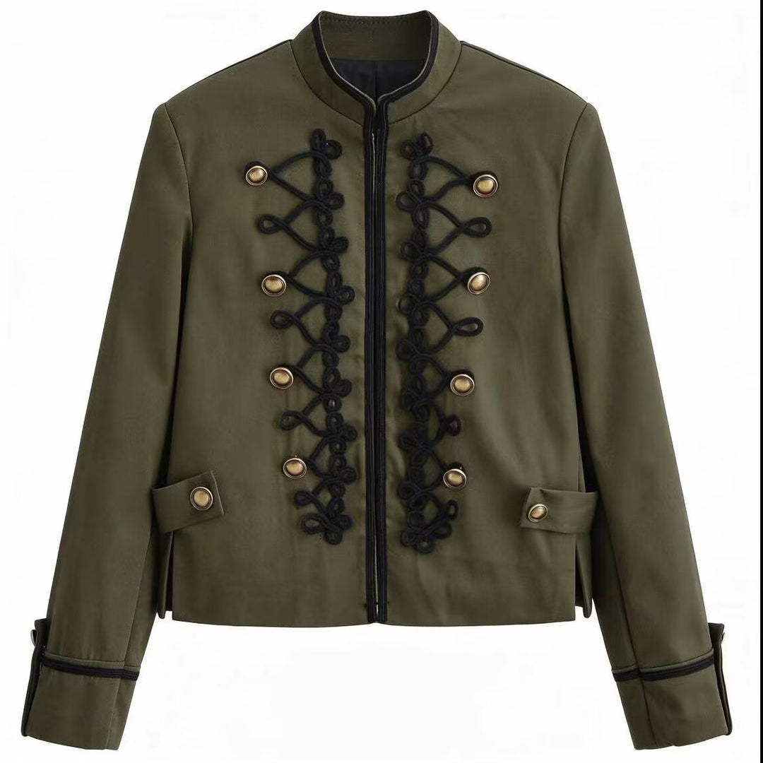 Damen Militärinspirierte Kurzjacke mit Stehkragen, Zierkordeln und Goldknöpfen Nord Taschen