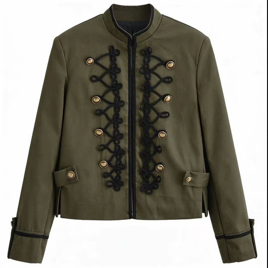 Damen Militärinspirierte Kurzjacke mit Stehkragen, Zierkordeln und Goldknöpfen Nord Taschen