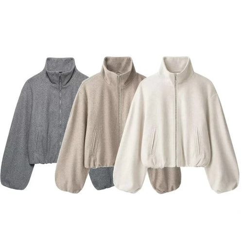 Damen Kurz geschnittene Bouclé‑Blousonjacke mit Stehkragen, elastischem Saum und Ballonärmeln Nord Taschen