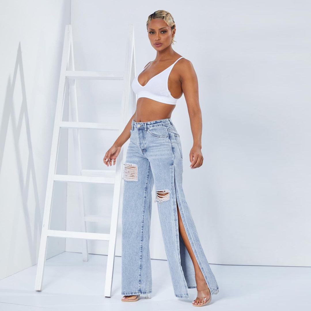 Damen Weite High‑Waist Denim‑Jeans mit hohen Seitenschlitzen und Destroyed‑Details Nord Taschen