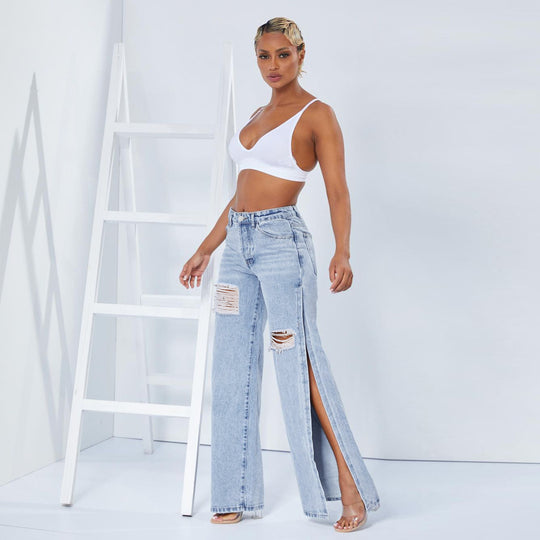 Damen Weite High‑Waist Denim‑Jeans mit hohen Seitenschlitzen und Destroyed‑Details Nord Taschen