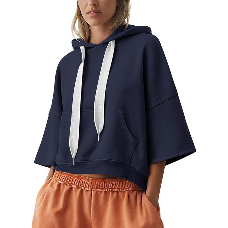 Damen Cropped Kapuzenpullover mit 3/4-Ärmeln und Kängurutasche Nord Taschen